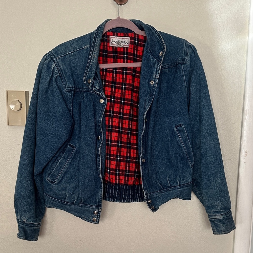 Giorgio Morandi Denim Jacket with Red Plaid Lining Model Off Duty Blanket Lining